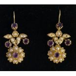 A pair of 15ct gold, amethyst and seed pearl earrings, flower head and leaf design, 2.