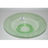 A large shallow green glass Dish by The Cambridge Glass Co.