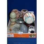 A quantity of miscellanea including three quartz tea light holders, piece of polished agate, etc.,