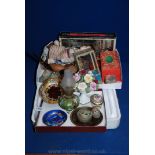 A quantity of miscellanea including small doll, matchboxes, various china and wooden eggs, stress