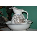 A Victorian Bedroomware Bowl and water Jug with brown and gilt floral decoration by K and Co.