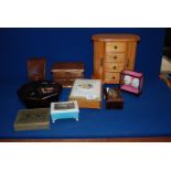 A quantity of Jewellery Boxes including oriental style, lace covered lid with rose pattern central