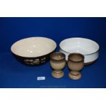 A Denby Mixing Bowl, large serving Bowl and two Wine Goblets