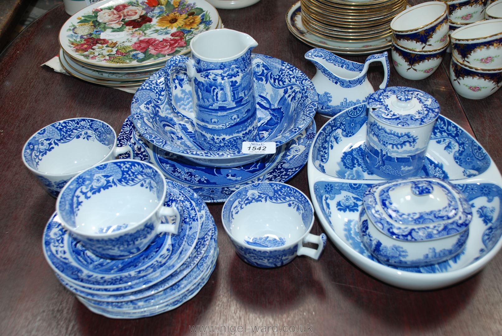 Eighteen pieces of blue and white Italian pattern Spode china including Jugs, Bowls, preserve Pot,