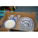 A quantity of blue and white Willow Pattern china including Meat Plates, Bowls, Tureen, Teapot, etc.