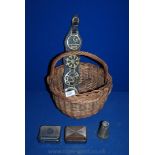 An old Shopping Basket, horse brasses, ''Zig-Zag'' tobacco paper/boxes etc.