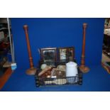 A quantity of miscellanea including two small wooden framed Mirrors, enamel carry Can, Keg Tops,