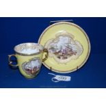 A Meissen yellow ground Cup and saucer, probably c. 1740, well painted with harbour scenes in the