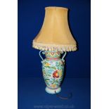 A Continental Hand Decorated Faience Table Lamp in Vase Style with Scrolled Handles & Tasseled