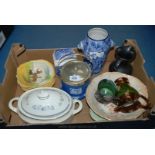 A box of china including Crown Devon Bowl, Minton Vegetable Dish with lid, Wedgwood blue Biscuit