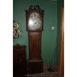 A Georgian Oak and Yew wood country longcase Clock, having swan neck pediment with central finial,