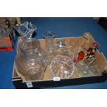 A quantity of glass including Sweet Jar, tall candy swirl Vase, two small Oil Lamp bases,