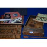 A quantity of miscellanea including straw-work box, a/f, leather letter tray, tray of sewing items,