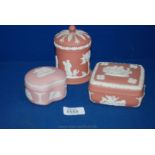 Three pink Wedgwood Jasperware trinket Pots