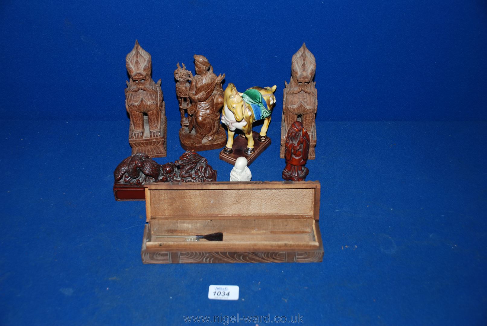 A quantity of miscellanea including small Indian floral motif wooden box, carved wood figure of