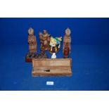 A quantity of miscellanea including small Indian floral motif wooden box, carved wood figure of