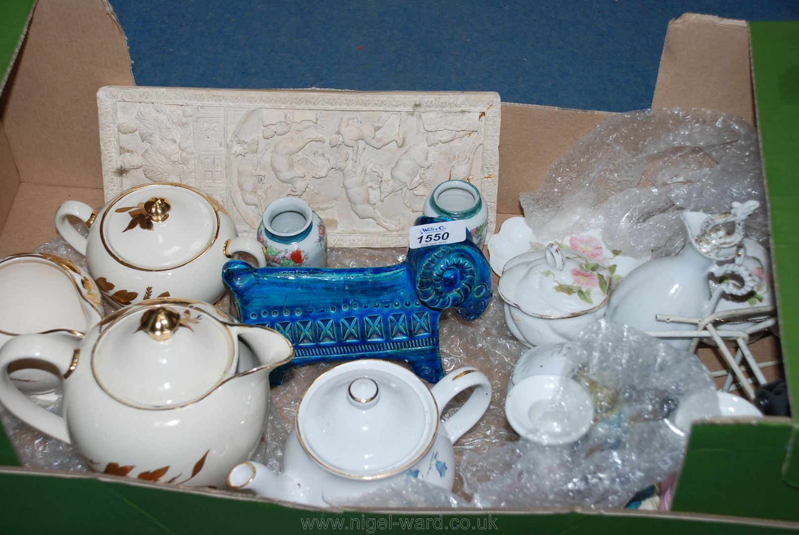 A quantity of china including Sadler three piece Teaset, pottery ram, two small oriental Vases,