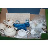 A quantity of china including Sadler three piece Teaset, pottery ram, two small oriental Vases,