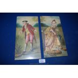 Two large tiles depicting an 18th century scene of a Lady and Gentleman