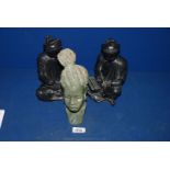Two models of seated Scholars from the 1960's also a carved hardstone figure of an African Woman