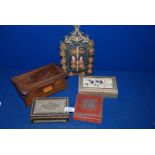 Four wooden boxes including jewellery box decorated with Swallows, a Turkish Hunting scene along