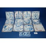 Twelve 18th c, Delft reclaimed Tiles, mostly Bristol depicting Biblical and other scenes,