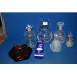 A cut glass Decanter with original stopper, etched cut glass Vase, BCCI glass Ashtray possibly