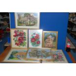 A quantity of framed wool Tapestries and embroidery including floral, scenes,