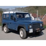 A Landrover 90 Defender hardtop with rear bench seats, M443 LPR, blue, diesel turbo, First reg'd.