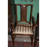 An Edwardian Mahogany Elbow Chair, having rectangular back, with scroll end arms, Regency stripe