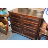 A mid 18th c. Oak Mule Chest, having three plank top with bull nose moulded edge, the front having