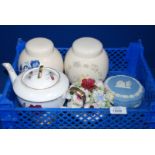 A blue and white Wedgwood Jasperware Pot, plus a Royal Stafford Teapot and two Sadler lidded Ginger