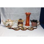 A Ruskin Vase a/f, a Tony Wood 'Derby' Teapot, a Beswick 'Piggetty' Teapot, three Sylvac Pot Lids