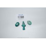 A rare ancient Egyptian ankh amulet and two faience scarabs, all with brilliant blue glaze, New