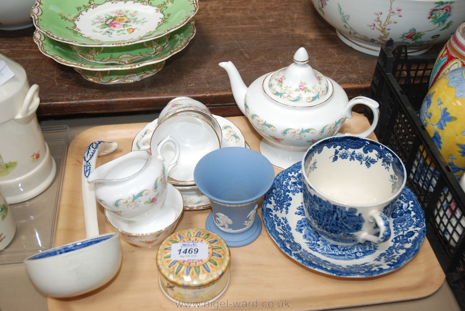 A quantity of china including Wedgwood blue and white Ladle and Vase,