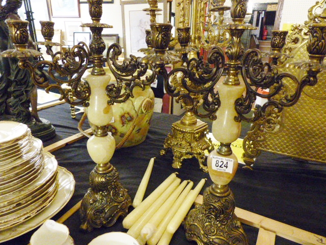 Pair of large five branch candelabra, metal and onyx. H: 45 cm