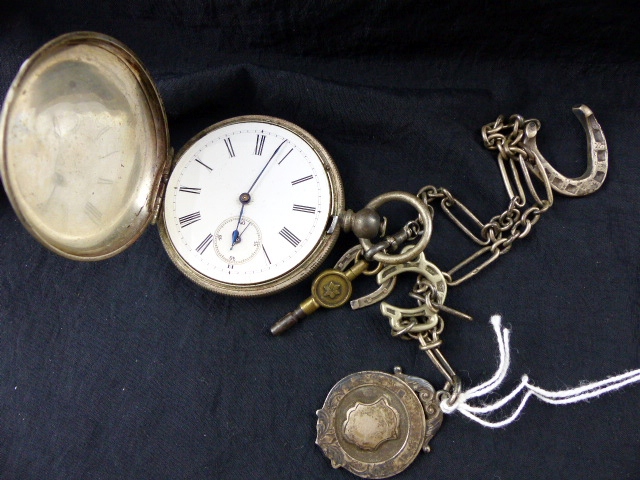 White metal full hunter pocket watch with white metal chain holding hallmarked fob and horseshoe