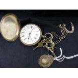 White metal full hunter pocket watch with white metal chain holding hallmarked fob and horseshoe