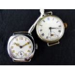 Nickel trench style wristwatch, working at lotting up. and a chrome example with luminous hands.