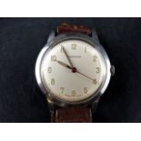 Garrard stainless steel gents wristwatch on leather strap. 1959 ICI inscription to reverse.