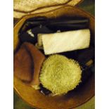 Hat box of vintage beaded handbags and leather gloves