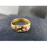 15 ct gold ruby & seed pearl ring (one seed pearl absent)Size M.