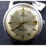 Vintage Omega Seamaster manual wristwatch with Seamaster back on leather strap.