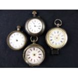 Four fob watches in varying condition including two silver examples.