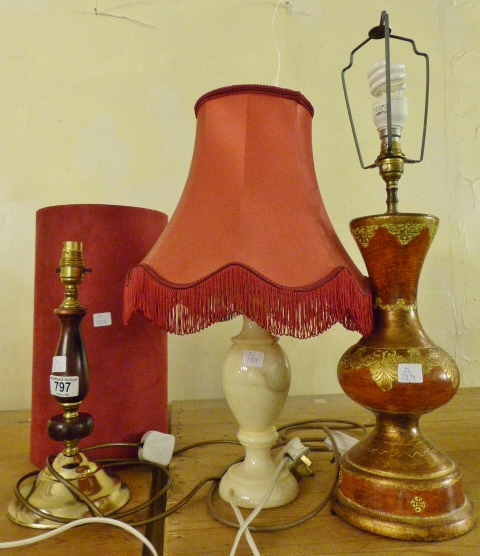 Mahogany and brass table lamp with original shade and two others