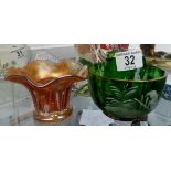 Four pieces of vintage glass including Mary McGregor style green creamer and sugar bowl