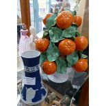 Large pottery basket of oranges centrepiece and a Wedgwood dark blue dip Jasperware vase