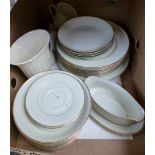 Crate of cream and gold coloured dinner plates etc by Ranmaru