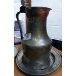 Antique Pewter Ale jug marked VDC to lid and plate, and Arthur Price plated napkin rings