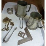 Tray of white metal items including masonic ware